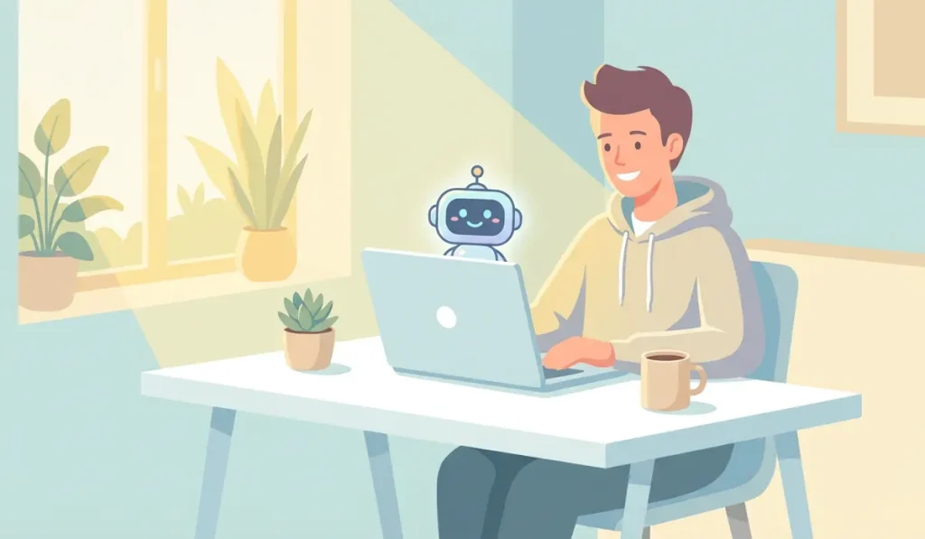 How to Write Great AI Prompts : A smiling person typing on a laptop, with a friendly robot icon on the screen