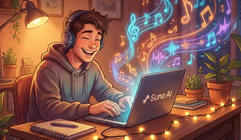 A happy person typing on a laptop with music notes floating around the screen - A beginner using Suno AI to make music.