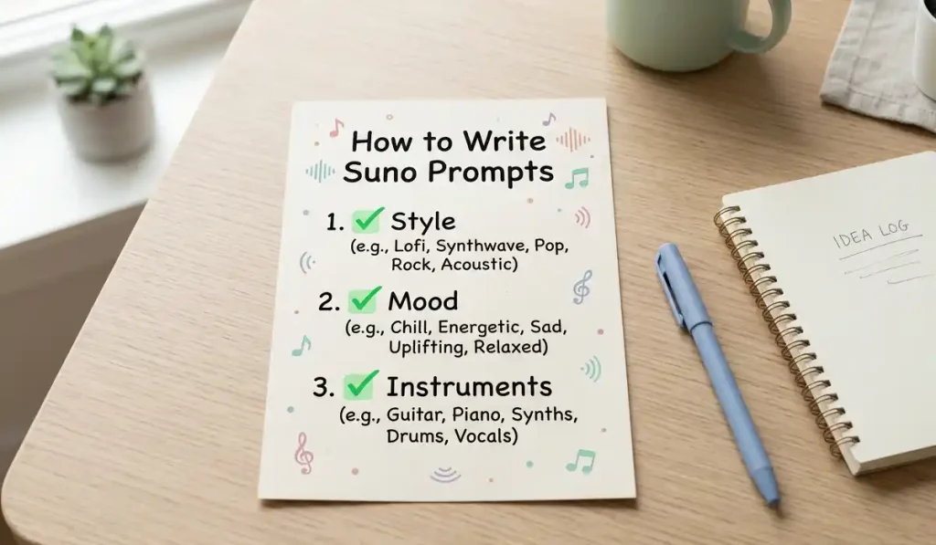 A simple checklist showing Style, Mood, and Instruments with checkmarks next to them - A guide to writing Suno prompts.