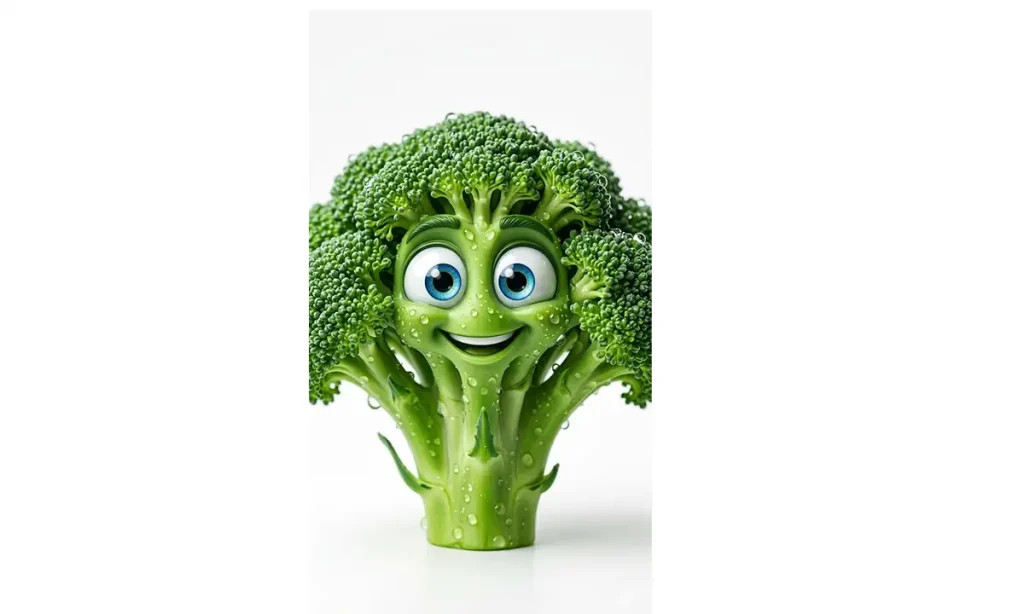 Animated photorealistic broccoli character with cartoon eyes on a white background for a nutrition video