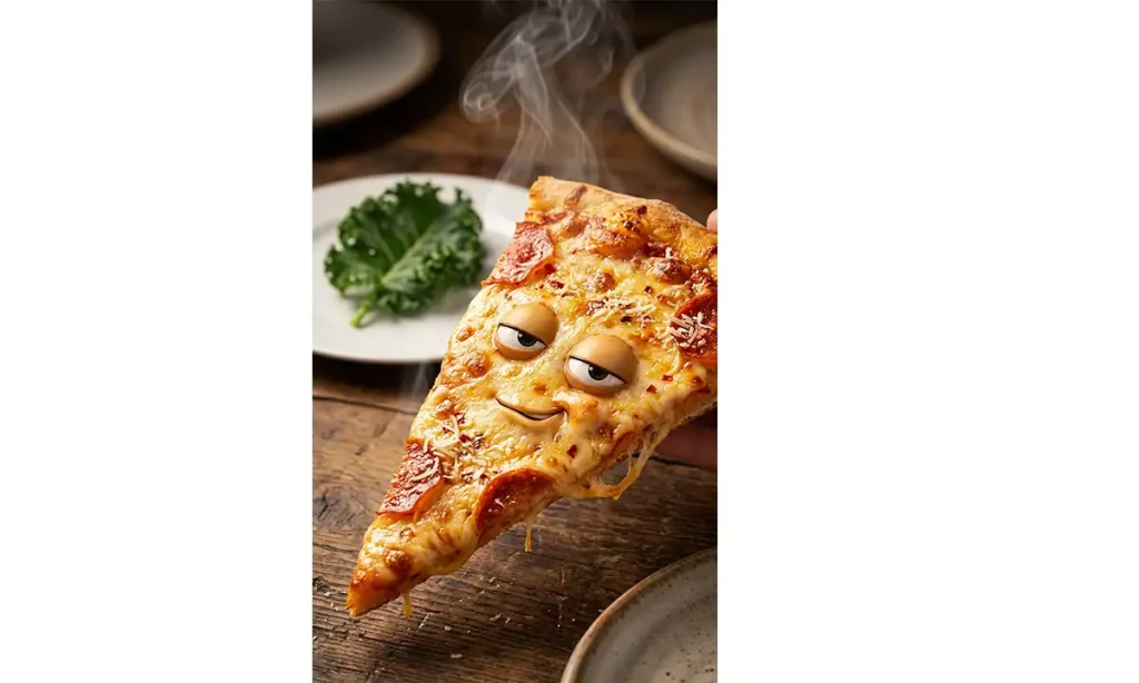 Funny AI food rivalry video scene featuring a smug pizza slice character roasting kale