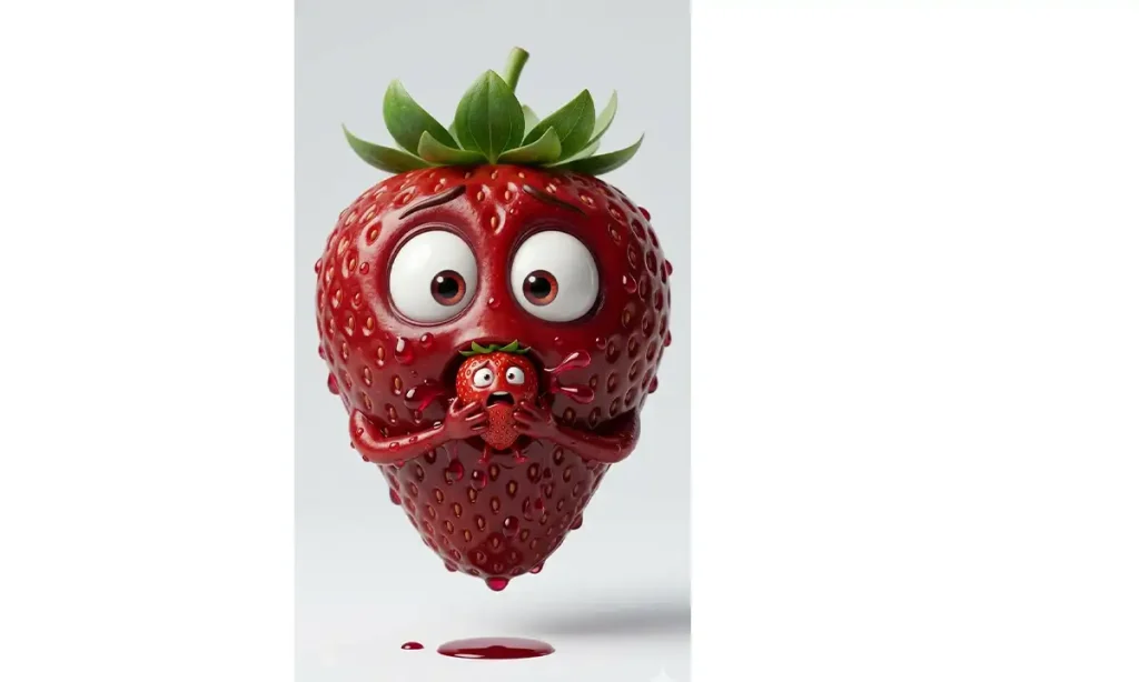Funny AI food video concept of a large strawberry character eating a smaller strawberry