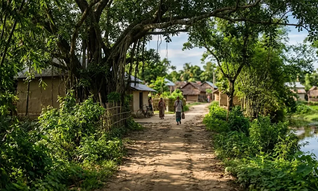 গ্রামের শান্ত মেঠো পথ এবং গ্রামীণ পরিবেশ